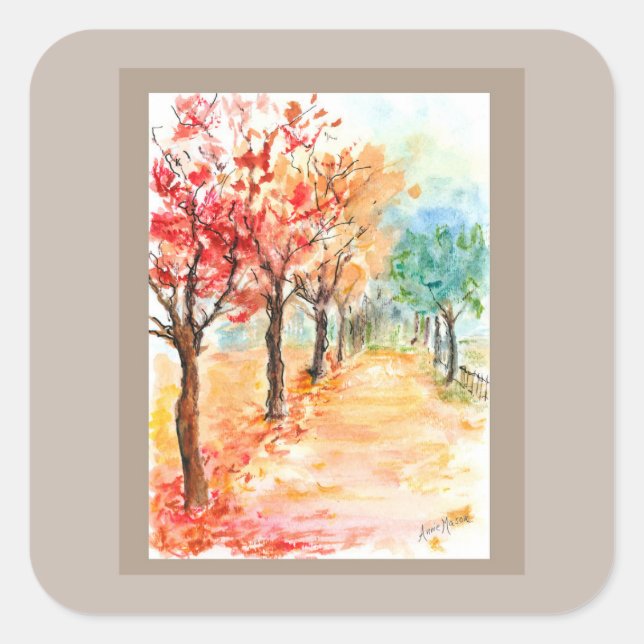 Cuadrada Pegatina de Autumn Road (Anverso)