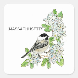 Cuadrada Pegatina de aves y flores de Massachusetts