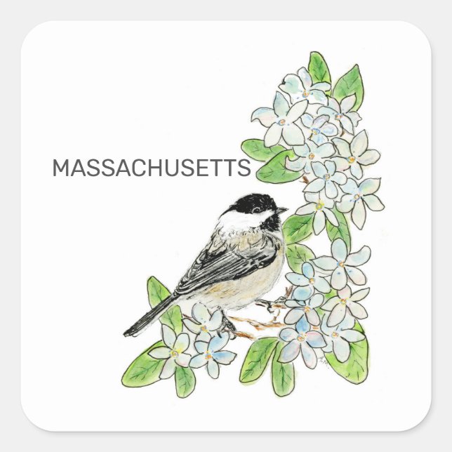 Cuadrada Pegatina de aves y flores de Massachusetts (Anverso)