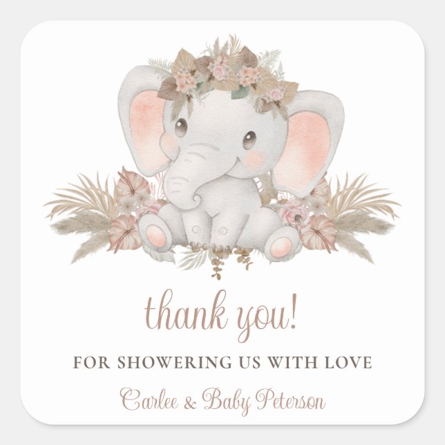 Cuadrada Pegatina de Baby Shower Boho Floral Cute Elephant (Anverso)