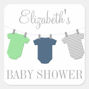 Cuadrada Pegatina de Baby Shower de Clothesline Navy Green