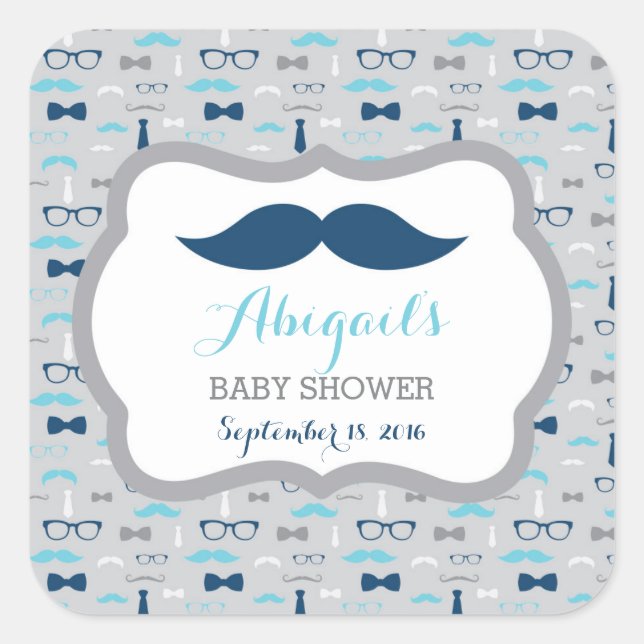 Cuadrada Pegatina de Baby Shower de Little Man, Baby Blue,  (Anverso)