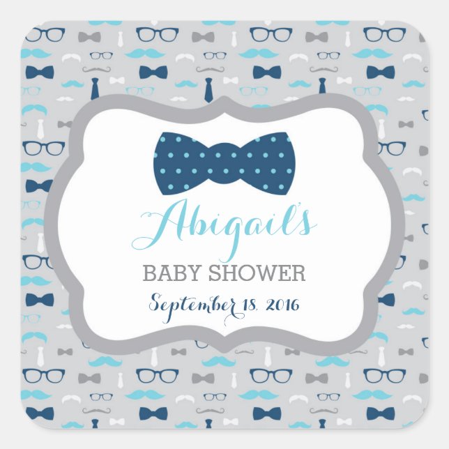 Cuadrada Pegatina de Baby Shower de Little Man, Baby Blue,  (Anverso)