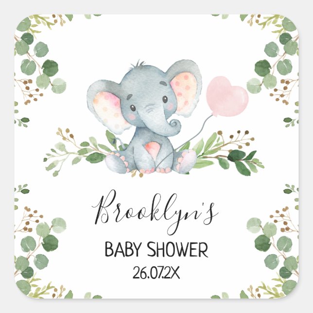 Cuadrada Pegatina de Baby Shower Favorito de Elefante de Gl (Anverso)