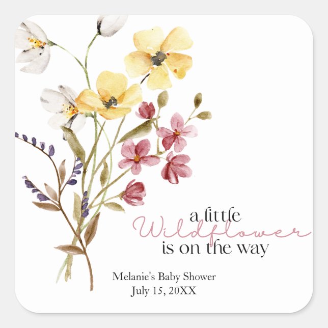 Cuadrada Pegatina de Baby Shower Wildflower (Anverso)