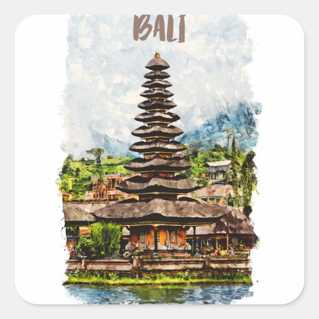 Cuadrada Pegatina de Bali Indonesia Ulun Danu Beratan (Anverso)