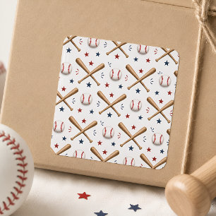 Cuadrada Pegatina de béisbol Rojo Azul Estrellas Bate Pelot