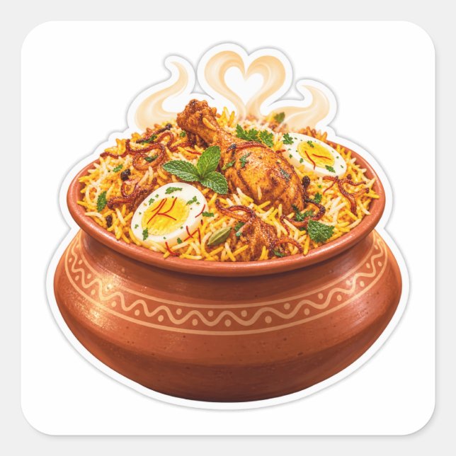 Cuadrada Pegatina de Biryani Kawaii, Handi de comida india  (Anverso)