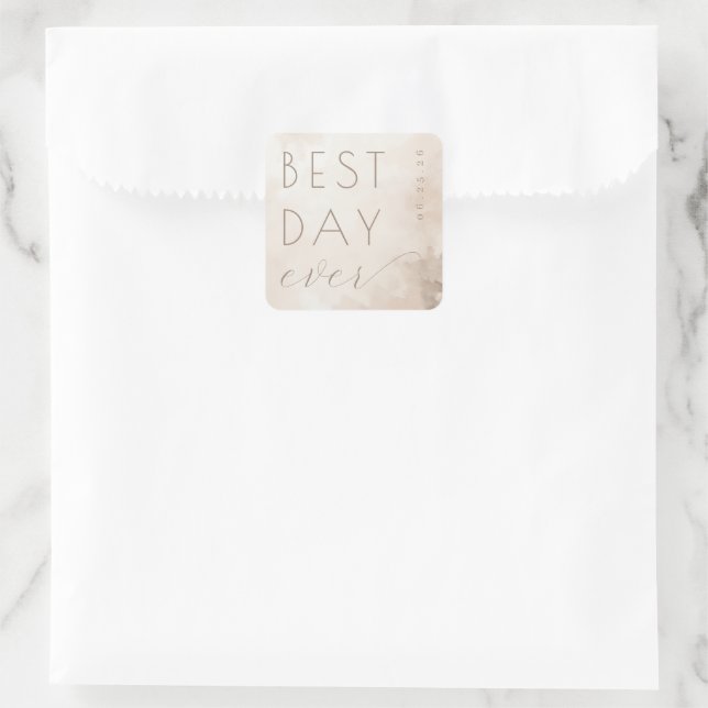 Cuadrada Pegatina de boda acuarela beige alegre (Bolso)