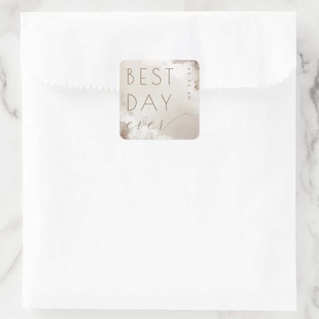 Cuadrada Pegatina de boda acuarela beige cálido (Bolso)