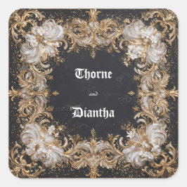 Cuadrada Pegatina de Boda Black and Gold Floral Luxe