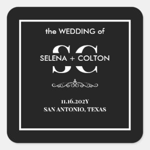 Cuadrada Pegatina de Boda blanco y negro, eterno, moderno