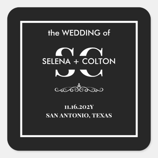 Cuadrada Pegatina de Boda blanco y negro, eterno, moderno (Anverso)