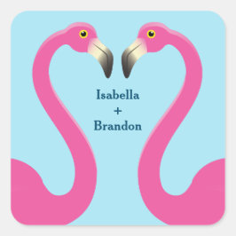 Cuadrada Pegatina de Boda Blue Flamingo Beach