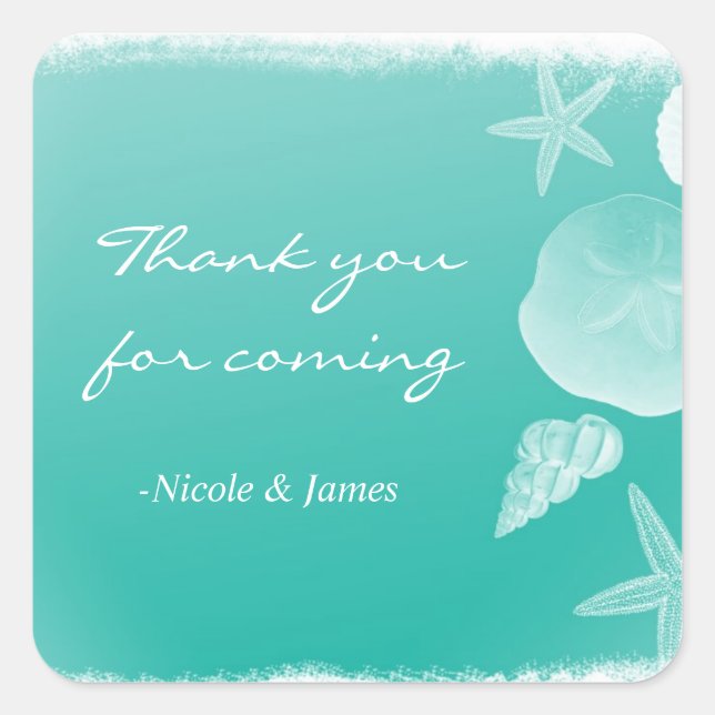Cuadrada Pegatina de boda con conchas de playa verde espuma (Anverso)