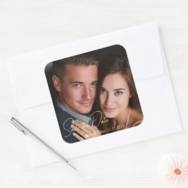 Cuadrada Pegatina de boda con foto personalizada y texto pe