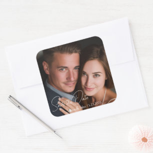 Cuadrada Pegatina de boda con foto personalizada y texto pe