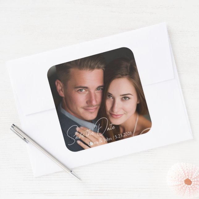 Cuadrada Pegatina de boda con foto personalizada y texto pe (Sobre)