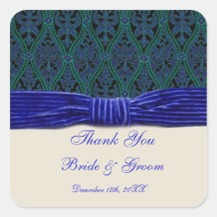 Cuadrada pegatina de boda de damasco azul y cinta
