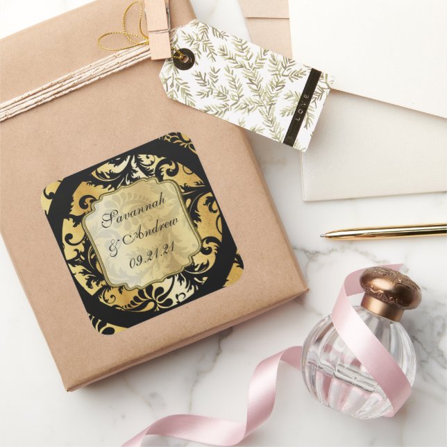 Cuadrada Pegatina de boda de damasco negro y dorado (Regalar)