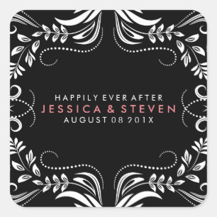 Cuadrada Pegatina de Boda de encaje blanco y negro