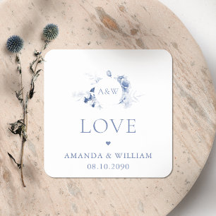 Cuadrada Pegatina de boda floral azul polvoriento con nombr