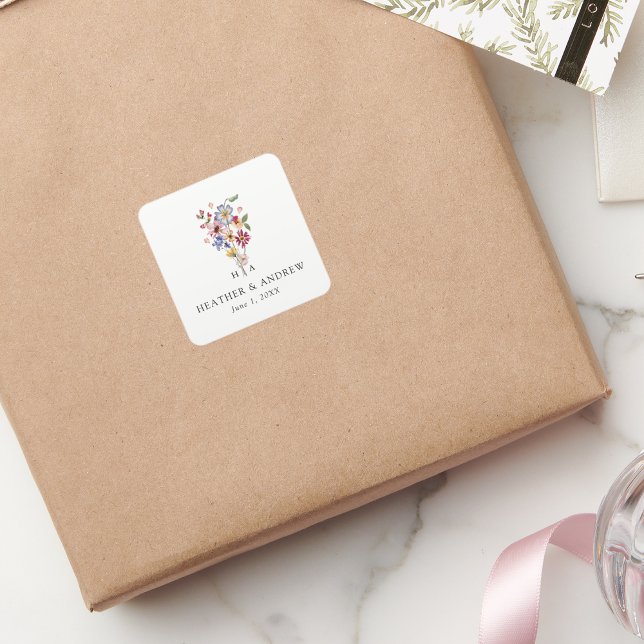 Cuadrada Pegatina de boda floral colorida (Colorful Floral Wedding Sticker by Painted Paperie
)
