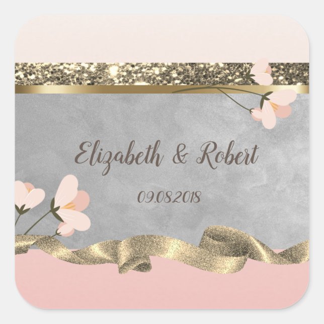 Cuadrada Pegatina de boda floral elegante chic (Anverso)