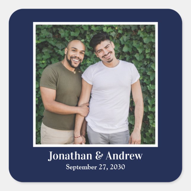 Cuadrada Pegatina de boda LGBTQ con foto (Anverso)
