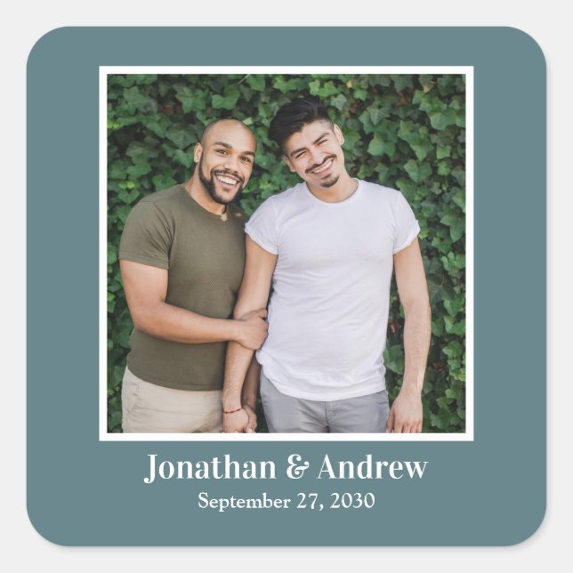 Cuadrada Pegatina de boda LGBTQ con foto (Anverso)