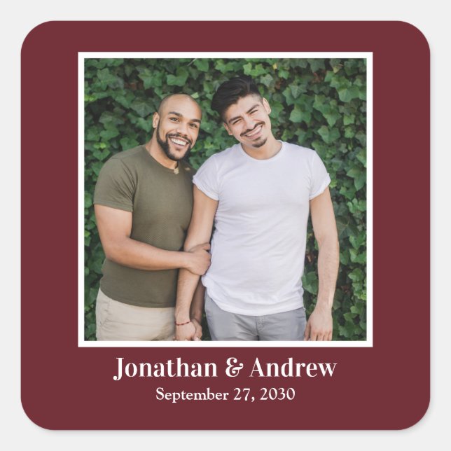 Cuadrada Pegatina de boda LGBTQ con foto (Anverso)