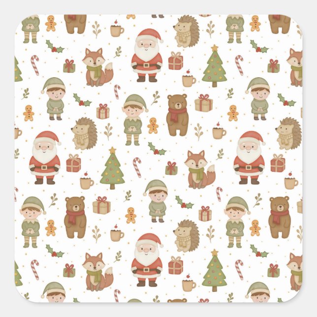 Cuadrada Pegatina de bosque de Navidad dibujada a mano (Anverso)