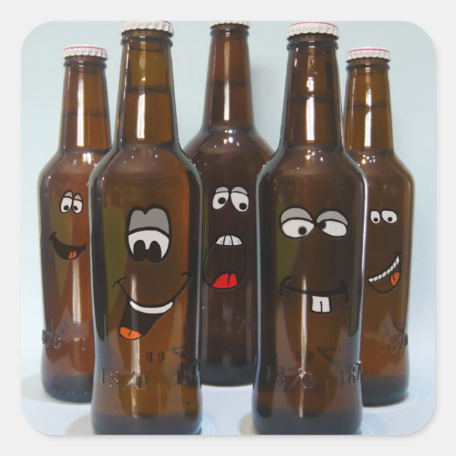 Cuadrada Pegatina de Botellas de Cerveza Feliz (Anverso)