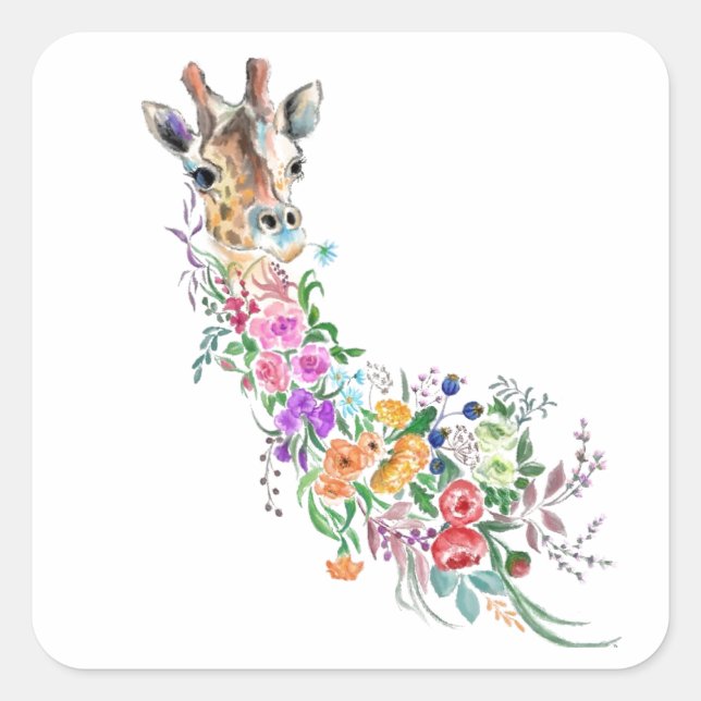 Cuadrada Pegatina de Bouquet Giraffe de flores coloridas (Anverso)