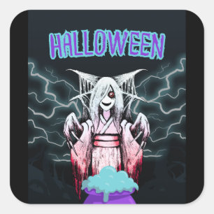 Cuadrada Pegatina de bruja yokai espeluznante de Halloween