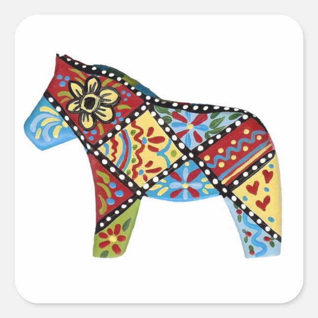 Cuadrada Pegatina de caballos de Arte Popular Dala (Anverso)