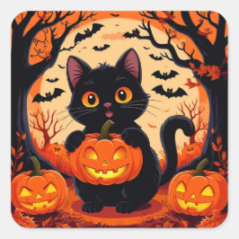 Cuadrada Pegatina de calabaza de gato de Halloween para dec