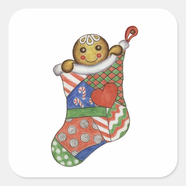 Cuadrada Pegatina de calcetín de jengibre de Navidad (Anverso)