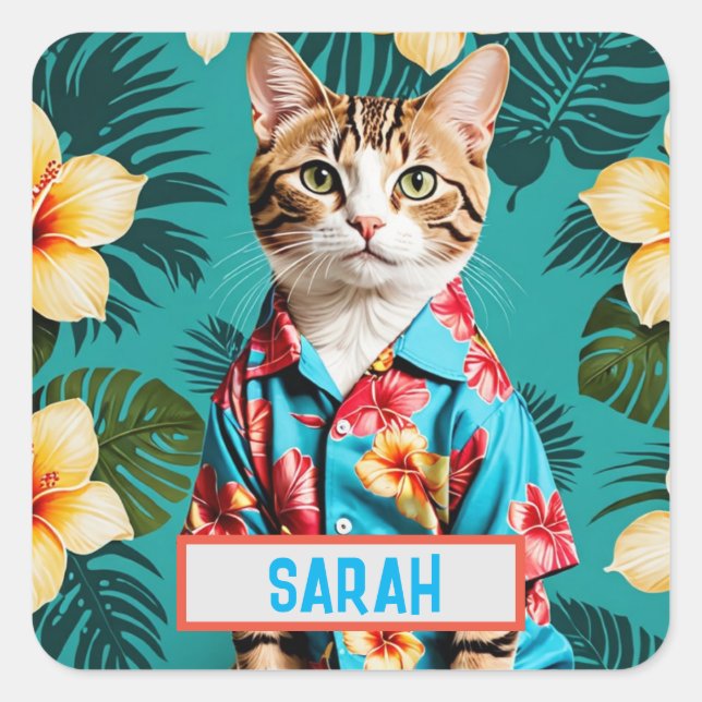 Cuadrada Pegatina de camisas hawaianas de gato, amante de l (Anverso)