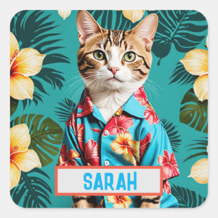 Cuadrada Pegatina de camisas hawaianas de gato, amante de l
