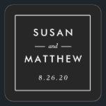 Cuadrada Pegatina de casamiento personalizado de borde delg<br><div class="desc">Un pegatina boda sencillo pero clásico personalizado en blanco y negro. Usar como etiqueta de sello para sobres o de favor. Cambie la información utilizando el formulario de plantilla.</div>