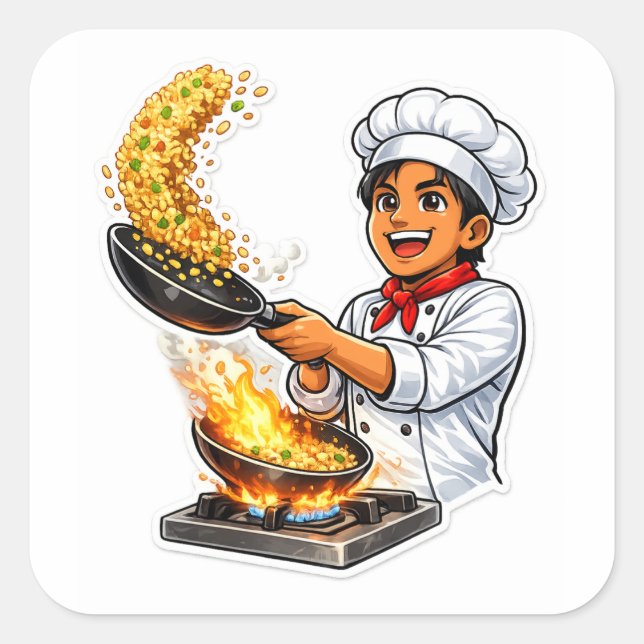 Cuadrada Pegatina de chef cocinando arroz frito (Anverso)