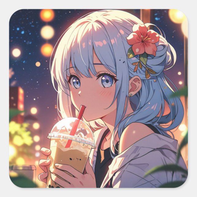 Cuadrada Pegatina de Chica de anime lindo - Boba Tea Lover (Anverso)