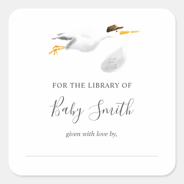 Cuadrada Pegatina de cigüeña de librería de Baby Shower (Anverso)