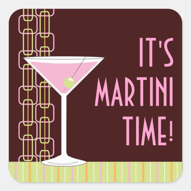 Cuadrada Pegatina de cócteles Retro Martini (Anverso)