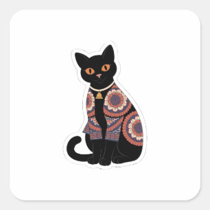 Cuadrada Pegatina de collar de campana de gato negro Mandal