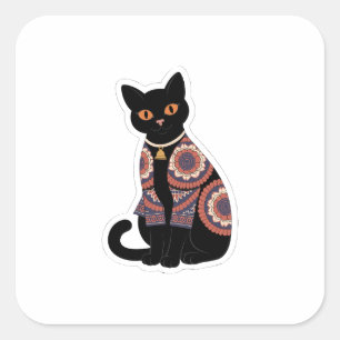 Cuadrada Pegatina de collar de campana de gato negro Mandal