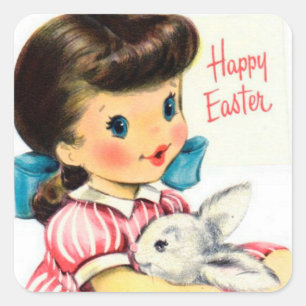 Cuadrada Pegatina de conejito retro vintage Easter chica