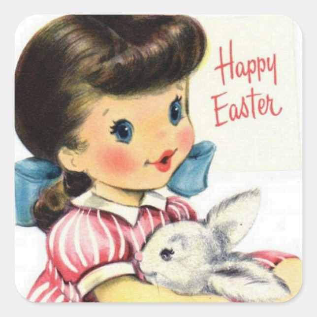 Cuadrada Pegatina de conejito retro vintage Easter chica (Anverso)