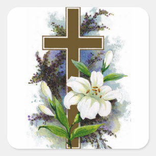 Cuadrada Pegatina de cruz con flores blancas
